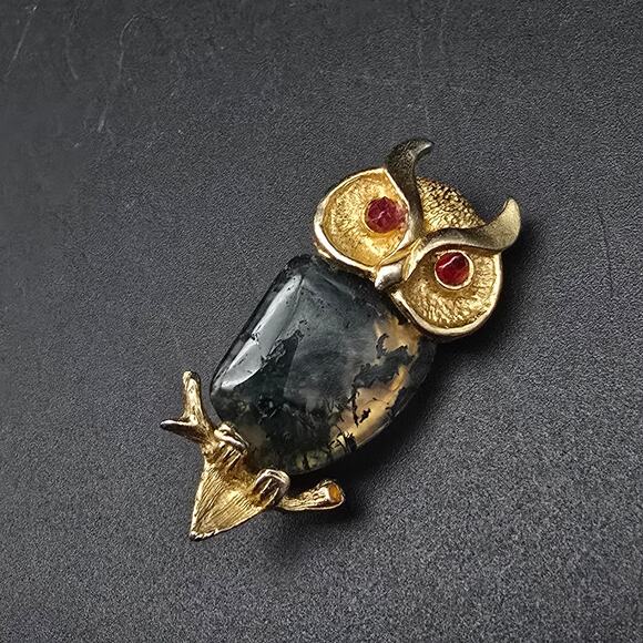 Vintage Green Moss Agate Gemstone Owl Brooch Gold Tone Red Eyes - Picture 5 of 7
